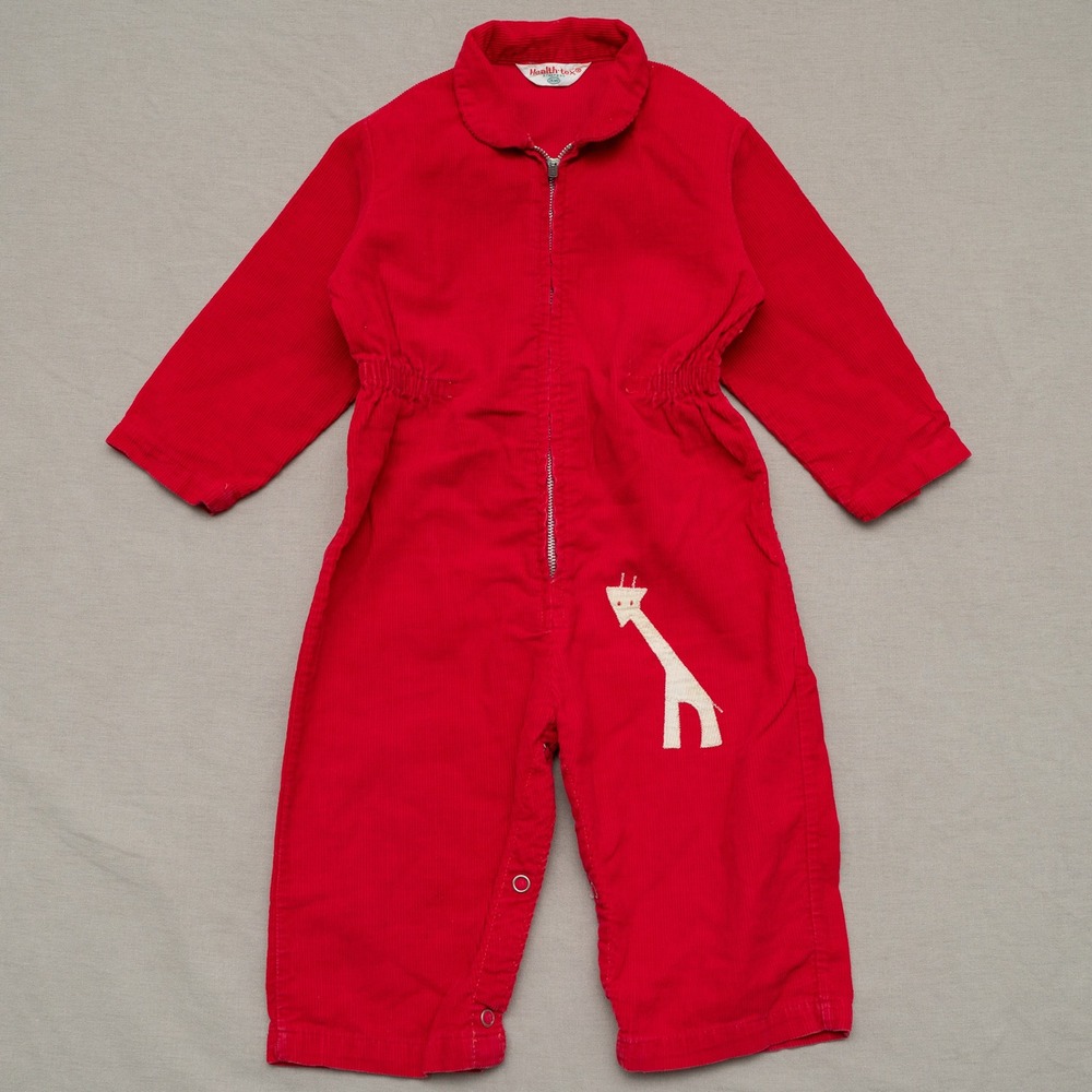 Vintage 70s Health-Tex 12mo Corduroy Red Giraffe‎ Falcon Zip Up 12mo